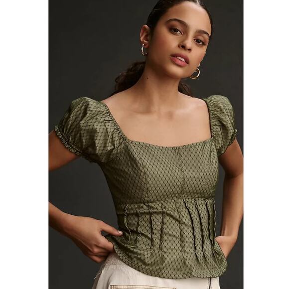 Anthropologie Green Puff Sleeve Corset Peplum Square Neck Top Size XL - Picture 1 of 9